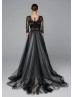 Black Eyelash Lace Tulle Chic Wedding Dress